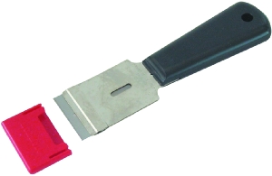 Glasschaber aus Metall mit Klingenschutz.